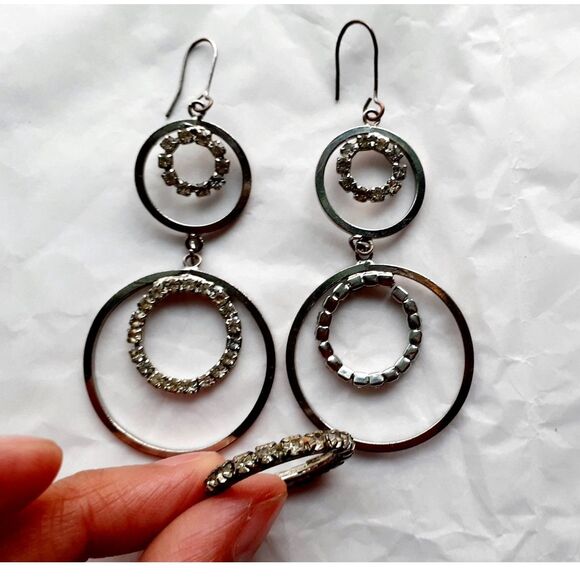 Silver Tone Double Hoop 3" Dangling Earrings & Ring Set with Rhinestone - Picture 4 of 7